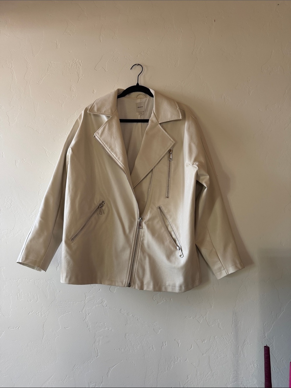 Maeve Cream Faux Leather Asymmetrical Moto Jacket